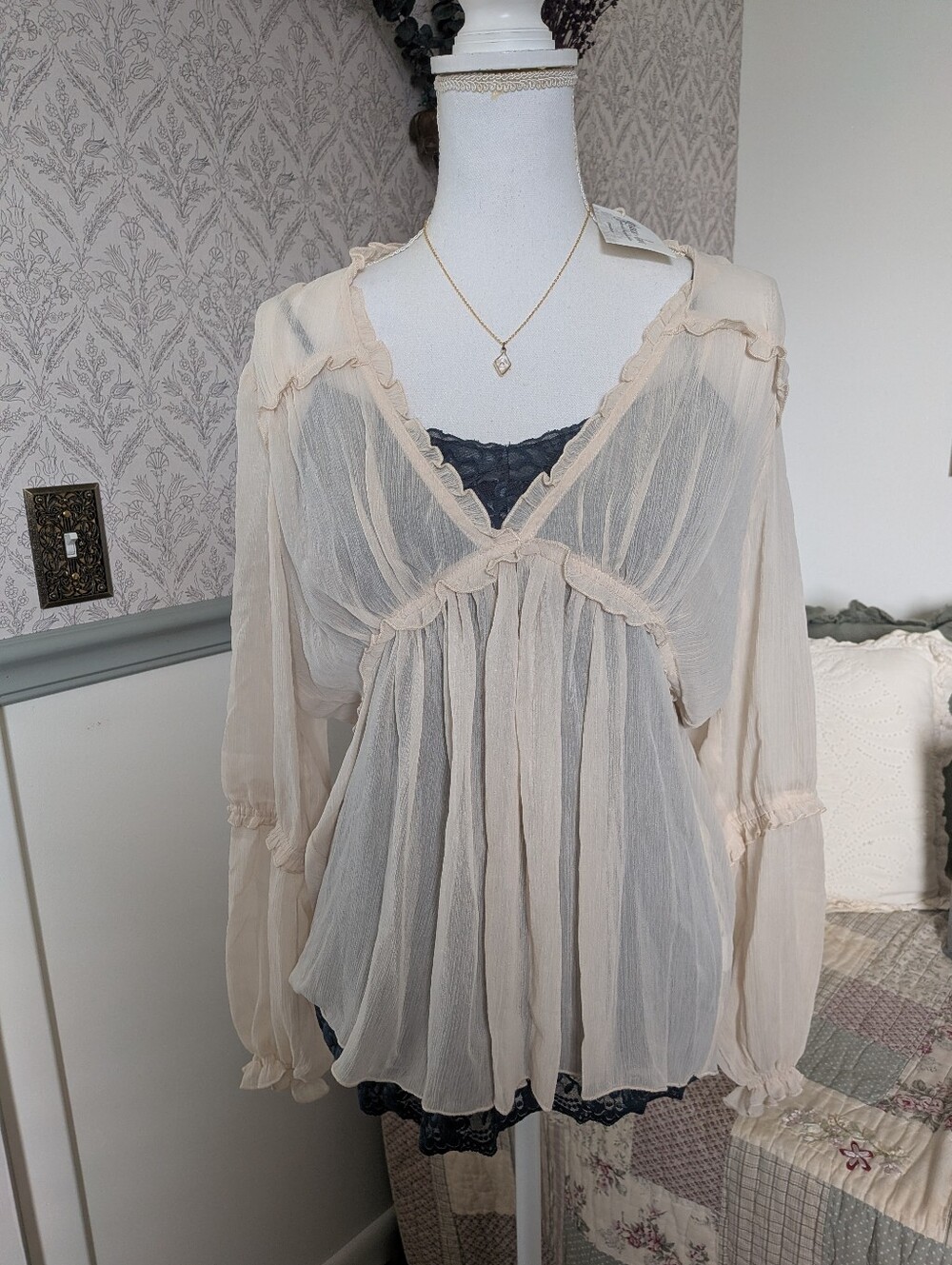 Grace & Lace Sheer Ruffle Empire Waist Blouse Top M NWT